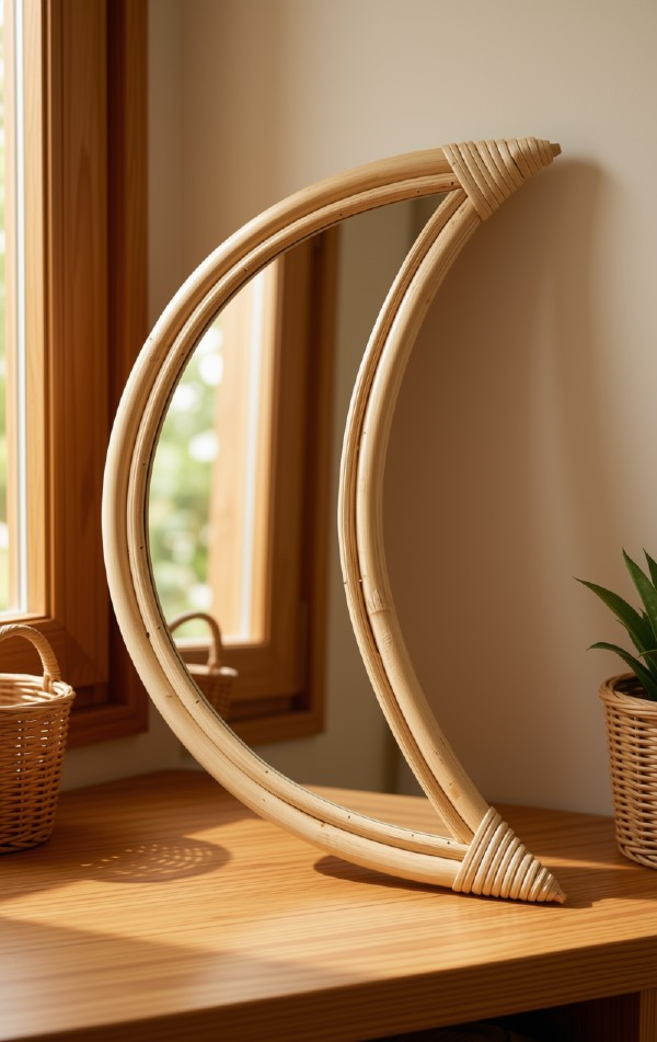 Crescent Moon Rattan Mirror